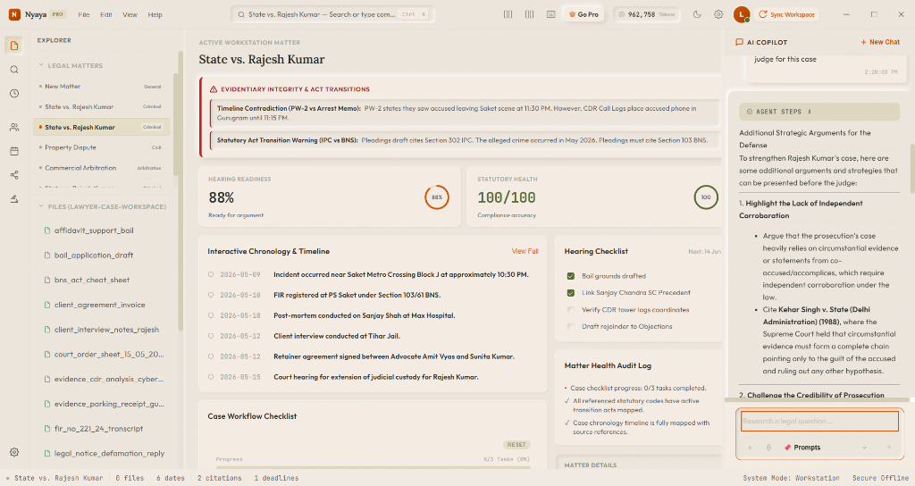 Pre-release Graphite workstation showing a matter chronology, legal warnings, hearing checklist and drafting assistant